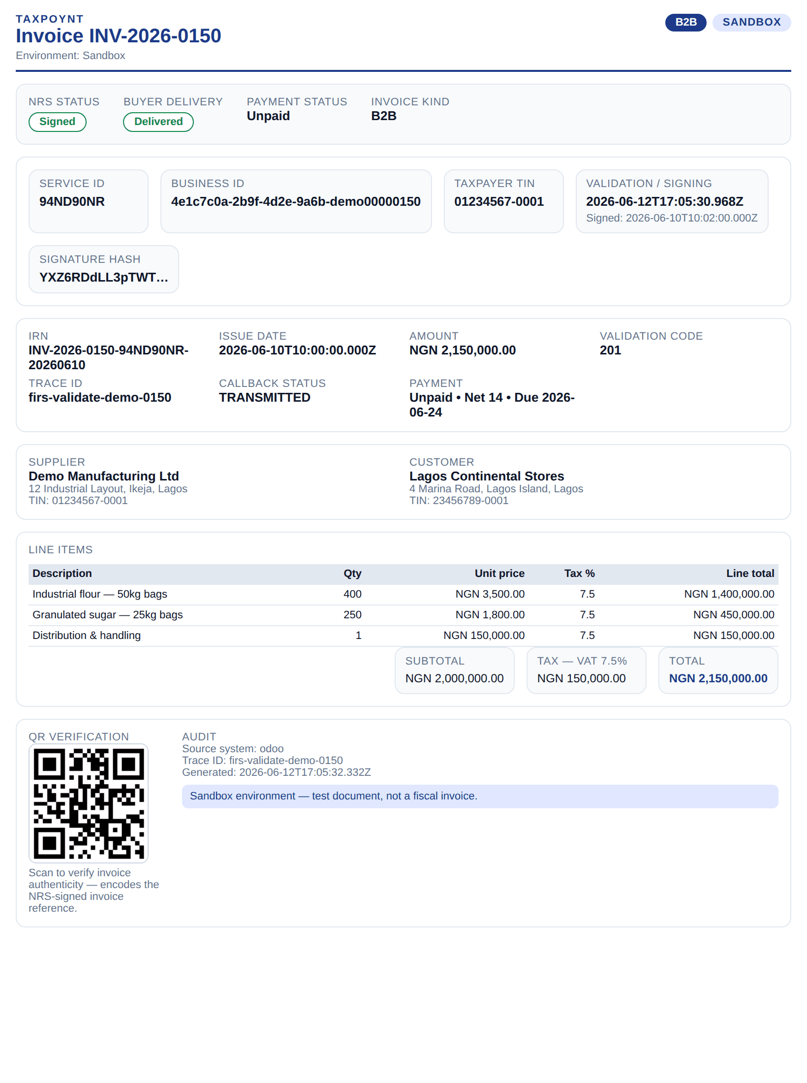 TaxPoynt printable e-invoice document with NRS status chips, IRN, signature hash, line items, tax breakdown, and QR verification block