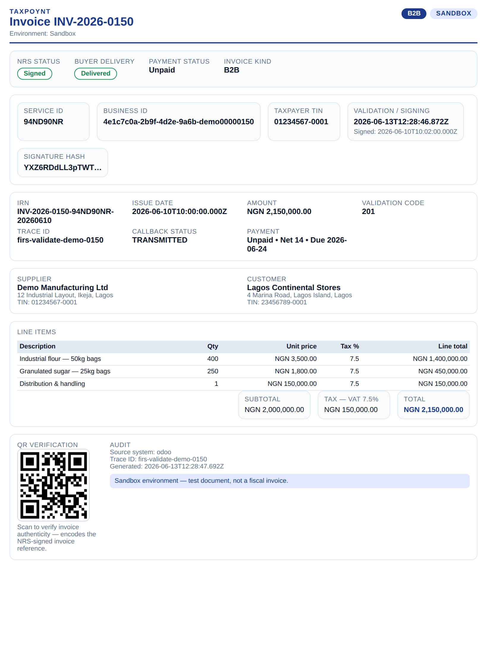 TaxPoynt printable e-invoice document with NRS status chips, IRN, signature hash, line items, tax breakdown, and QR verification block
